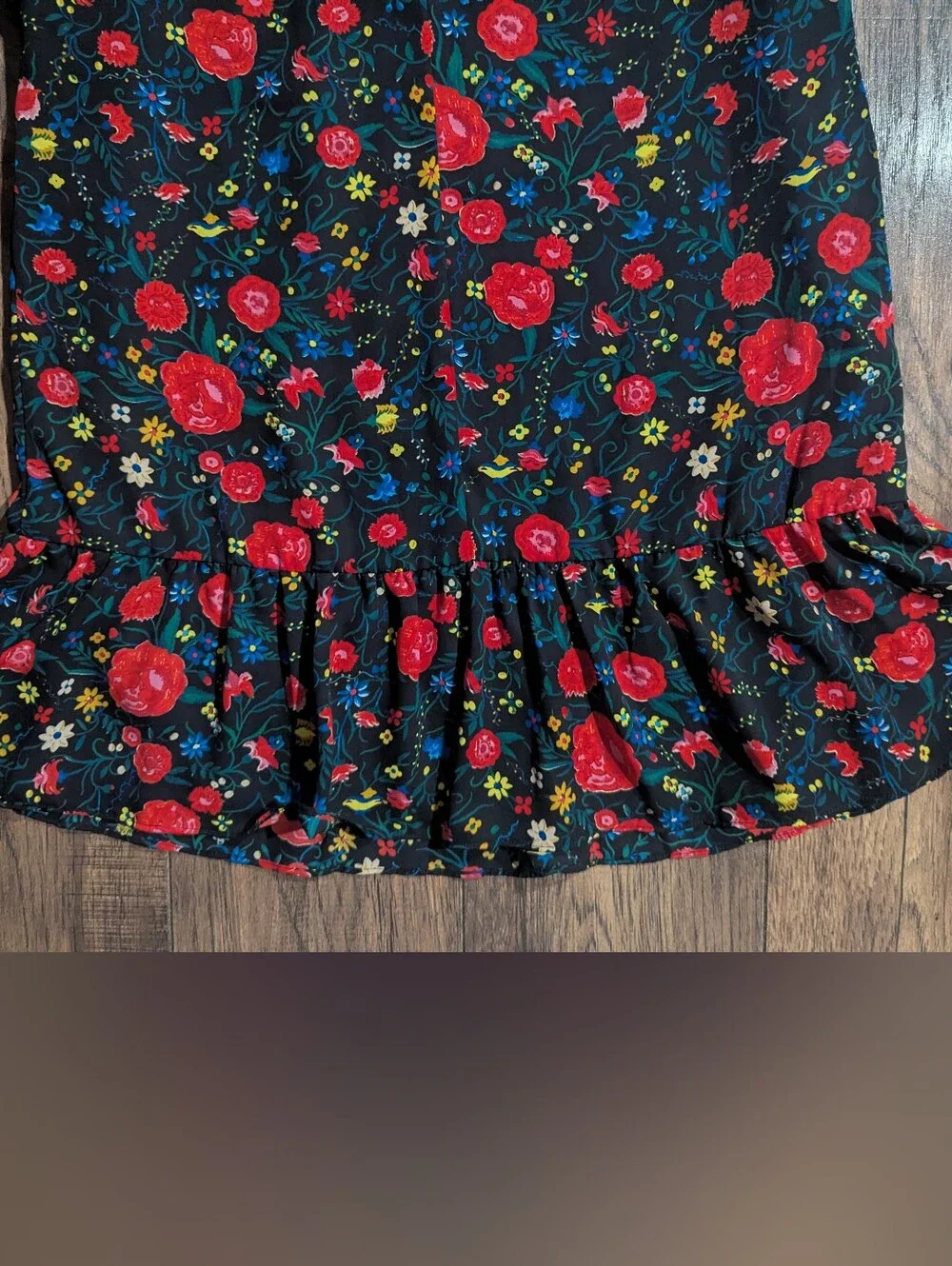 J Crew Black w/ Vibrant Red & Yellow Floral Print Flutter Mini Ruffle Dress Sz S